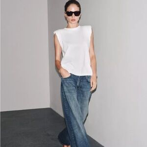 Zara White Sleeveless Top with Blue Wide Leg Jeans